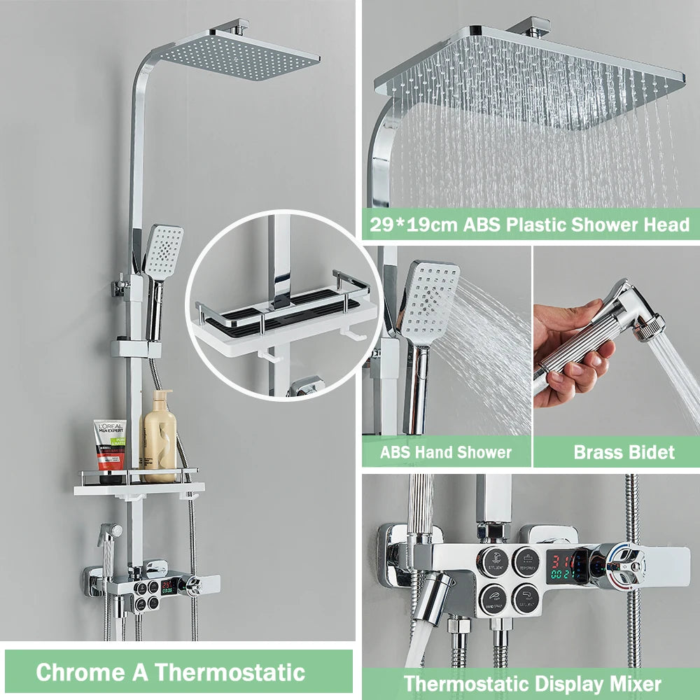 Black Thermostatic Shower Faucet Set For Bathroom Smart Display Hot Cold Water Mixer Tap Wall Mounted Rainfall System With Bidet