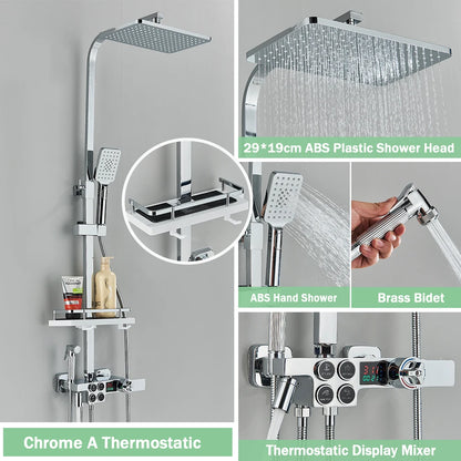 Black Thermostatic Shower Faucet Set For Bathroom Smart Display Hot Cold Water Mixer Tap Wall Mounted Rainfall System With Bidet