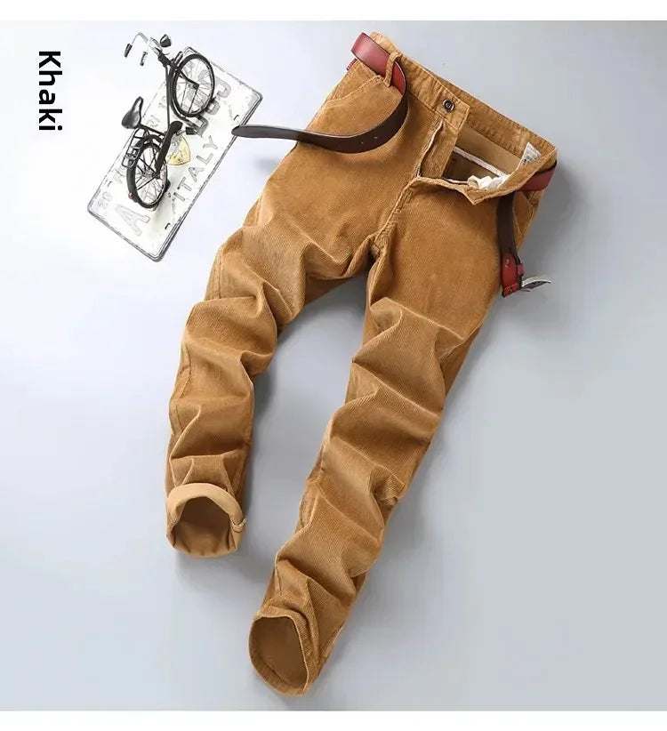 2025 Spring Autumn Men's Corduroy Casual Pants Straight Leg Loose Fit Youth Winter Thick Warm Velvet Long Pants for Men Trousers