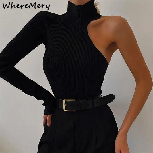 WhereMery Französischer Damen-Overall, sexy, schulterfrei, klein, Stehkragen, langärmelig, Frühling, heißes Mädchen, schlankmachend, unregelmäßig, schick, T-Shirts