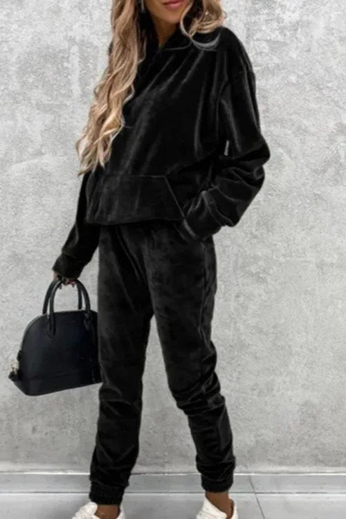 Autumn Winter Velvet Tracksuit Set Elegant Soft Pocket Pullover Top Female Loose Sweatsuit Pants Suit 2024 Two Piece Set Outfits.