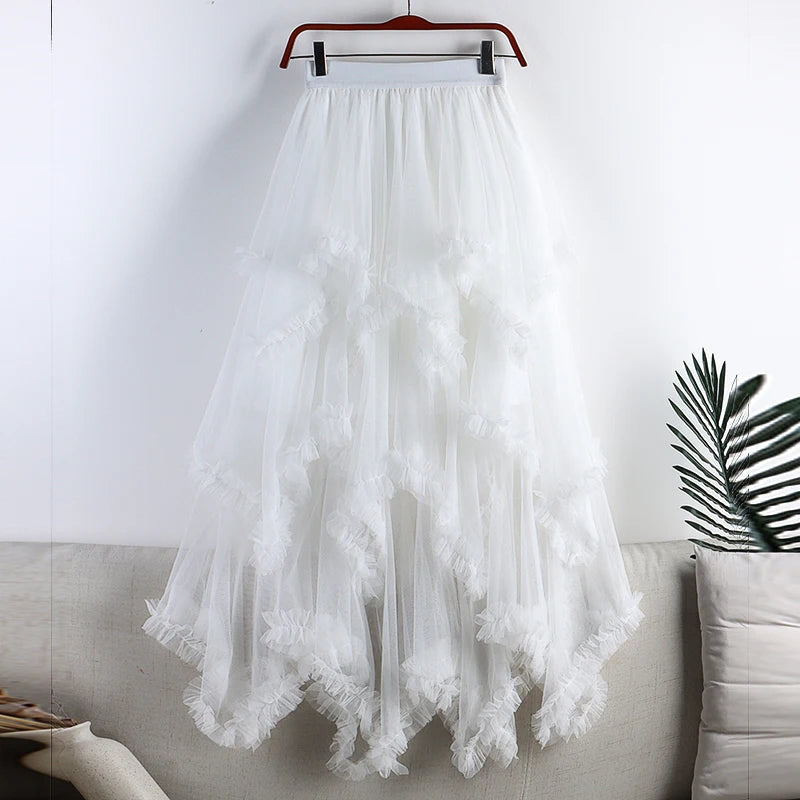 Autumn Winter New 2025 Irregular Cake Tulle Skirt Women Sweet Midi Long High Waist A Line Skirt Female Mesh Party Skirt Lady