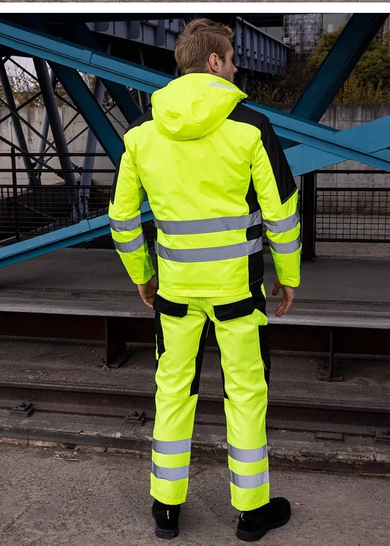 High Visibility Workwear Winter Clothes Hi Vis Suit Reflective Jacket Waterproof Winter and Pockets Reflective Work Pants Set.