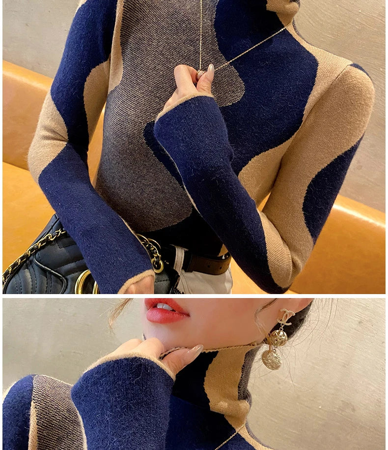 Women Clothing Vintage Fashion Slim Turtleneck Sweaters Autumn Winter Elegant Chic Patchwork Knit Pullovers Office Lady Tops.