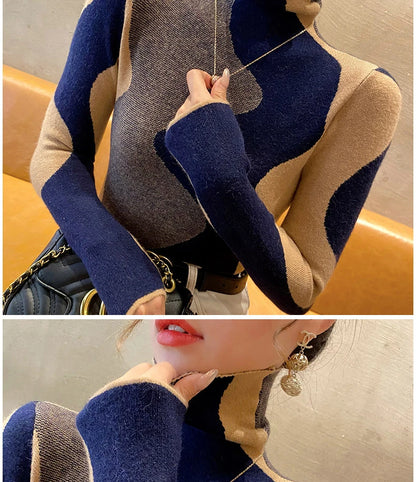 Women Clothing Vintage Fashion Slim Turtleneck Sweaters Autumn Winter Elegant Chic Patchwork Knit Pullovers Office Lady Tops.