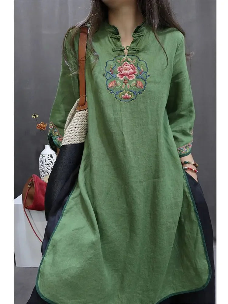 Damen-Bluse im Vintage-Stil aus Baumwolle und Leinen, mittellang, siebte Ärmel, Stickerei, ethnischer Rock mit lockerer Passform, chinesischer Stil.
