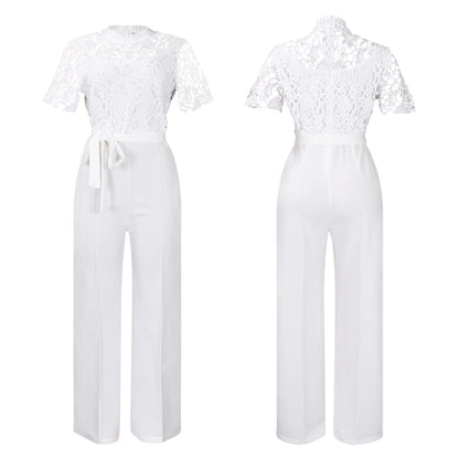 Elegant Jumpsuits & Rompers for Women O Neck Lace Patchwork Short Sleeve Sashes High Waisted Luxury Birthday Party Dinner Outfit