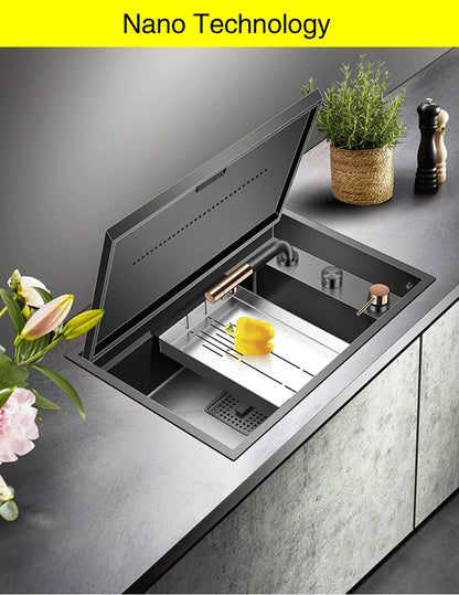 Nanometer Black Hidden kitchen Sink SUS 304 Stainless Steel 4mm Thickness Flip Cover Hidden Handmade kitchen Sinks