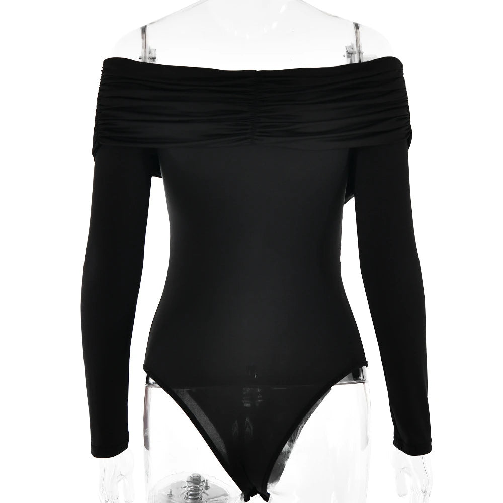 New Solid Sexy Off Shoulder Bodysuits Women Fashion Crossed Folds Skinny Rompers Long Sleeve Fashion Streetwear Autumn Bodysuits