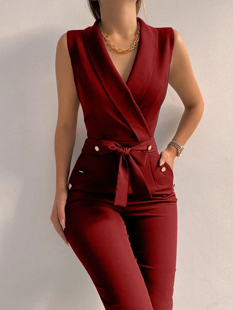 Women Casual V Neck Jumpsuits Button Lace Up Sleeveless Wide Leg Pants Streetwear Overalls Jumpsuit Women.