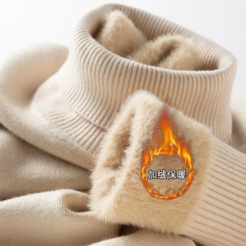 Men‘s Thermal Fleece High-neck Sweater Winter Turn-down Collar Fleece-lined Knitted Pullover Casual Keep Warm Thick Bottom Tops.