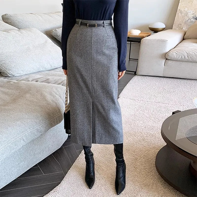 Gray Pencil Skirts Belted Elegant Women Slim Office Ladies Casual A-Line High Waist Split Midi Skirt Autumn Winter.