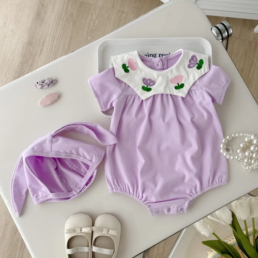 0-2Y Sommer Baby Mädchen Kleidung Kleinkind Mädchen Body & Einteilige Tulpe Stickerei Kleidung Mit Hut