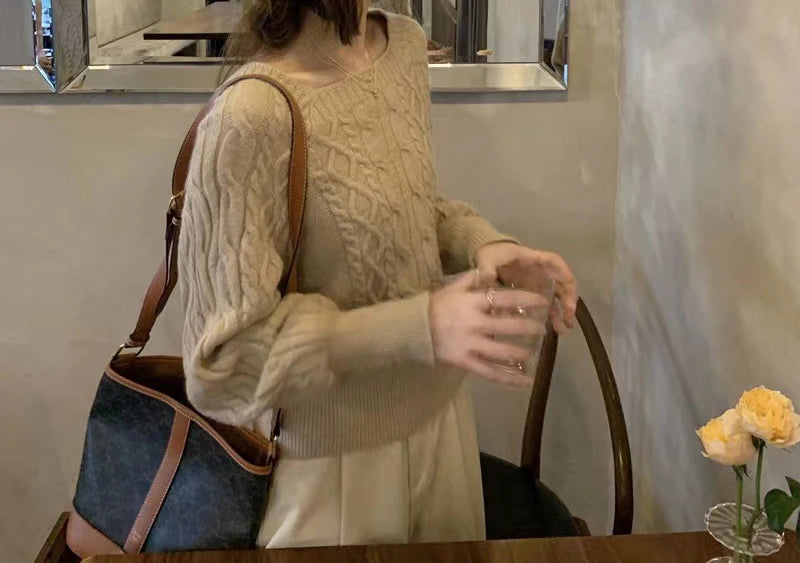 Frauen Square Neck Verdicken Rippe Pullover Laterne Hülse Lose Büro Stricken Pullover Frauen Herbst Winter Casual Feste Warme Pullover.