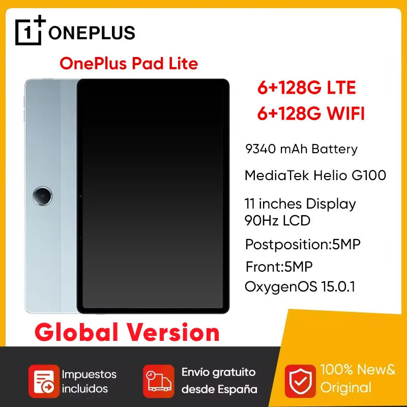 Global Version OnePlus Pad Lite Tablet 11" Transmission 90Hz Eye Care Display 9340 mAh Super-Large Battery MediaTek Helio G100.