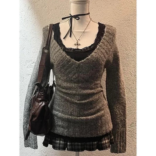 Deeptown Sexy Gestrickte Pullover Frauen V-ausschnitt Vintage Frühen Y2k Grunge Pullover Mujer Herbst Mode Langarm Pullover Schlank
