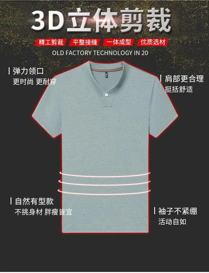 Men's T-shirt Classic V-Neck Short Sleeved Cotton Solid Button Super Soft High Quality L-4XL Casual Tshirt Design Men Tee Shirts.