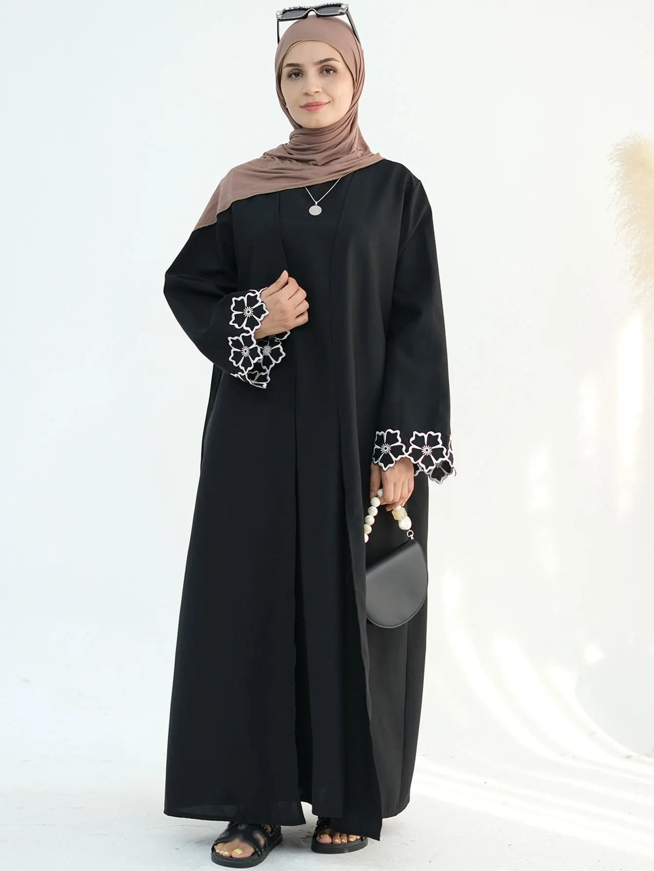Chic Coffee Color Outer Piece Abaya Geometric Cuff Embroidery Ideal Modern Muslim Women Suitable for Daily/Semi formal Occasion.