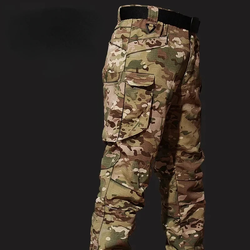 Autumn Tactical Sets Men Outdoor Breathable Short Sleeve Tshirt+Waterproof Straight Pant 2 Pcs Suits Camo Multi-pocket Cargo Set.