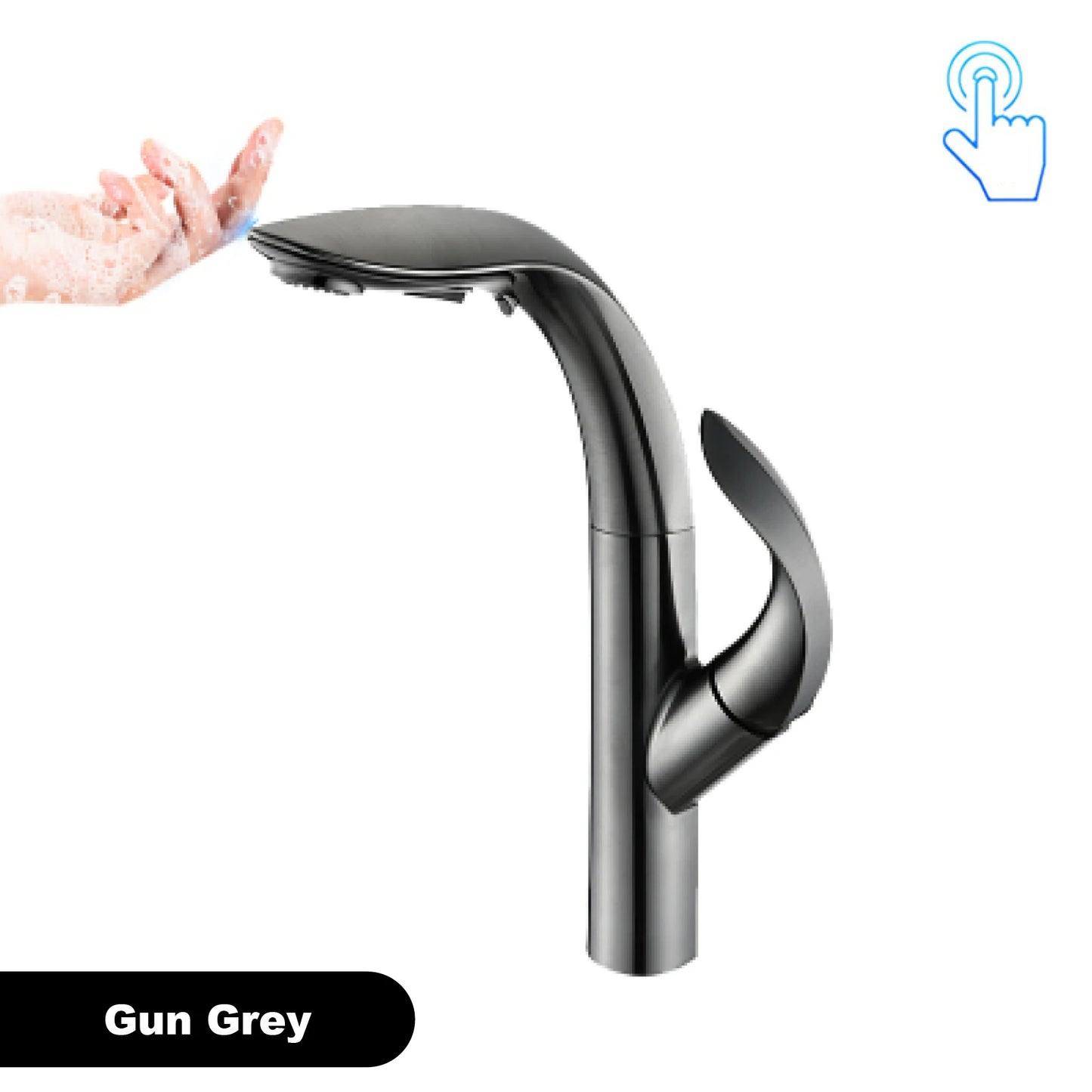 Luxury brass gold touch switch kitchen faucet pull-out design 1 hole single handle hot and cold water sink 2 function Mixer