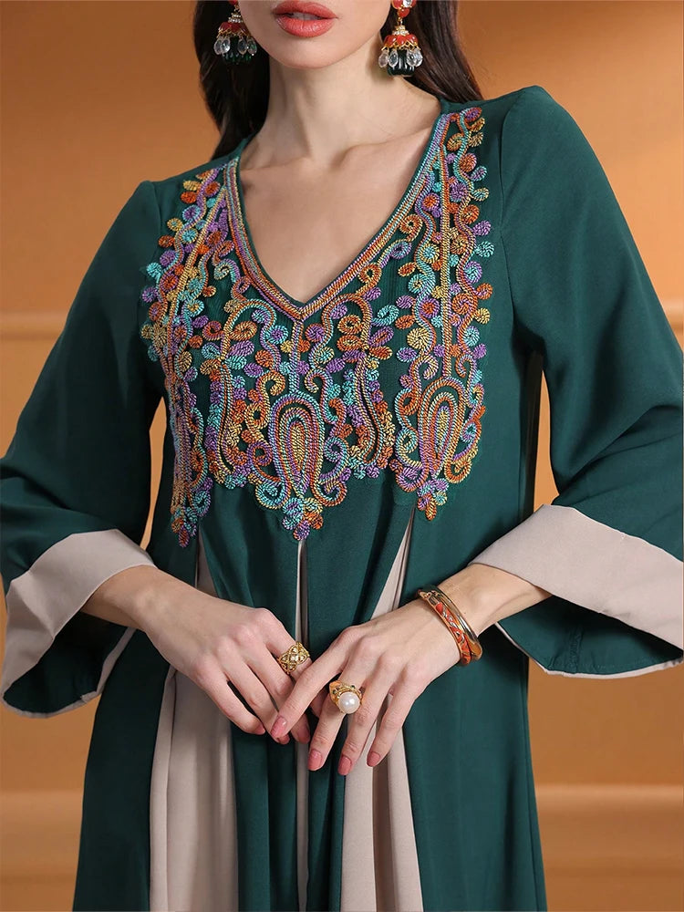 TOLEEN Damen Knöchellange Kleider Eid Al-Fitr Muslim Lose Applizierte V-Ausschnitt Langarm Damen Robe Islamisches Dubai ElegantDress.
