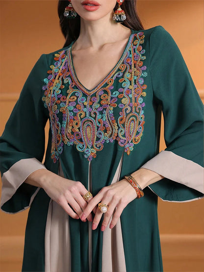 TOLEEN Damen Knöchellange Kleider Eid Al-Fitr Muslim Lose Applizierte V-Ausschnitt Langarm Damen Robe Islamisches Dubai ElegantDress.