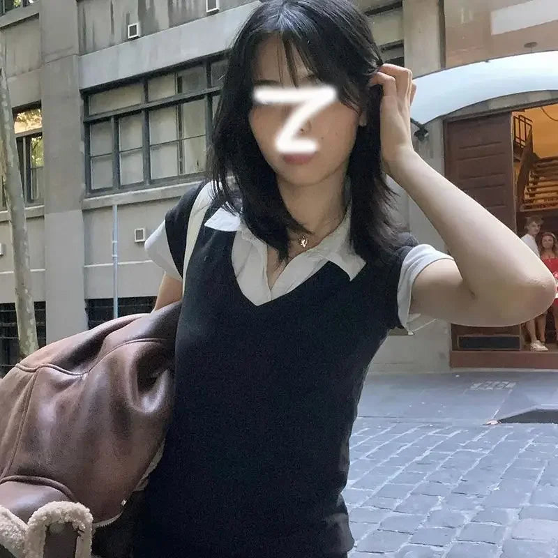 Korean Style College Polo Neck Splice Fake Two-Piece Short Sleeve T-Shirt Modal Material Flip Collar Short Length Female Top.