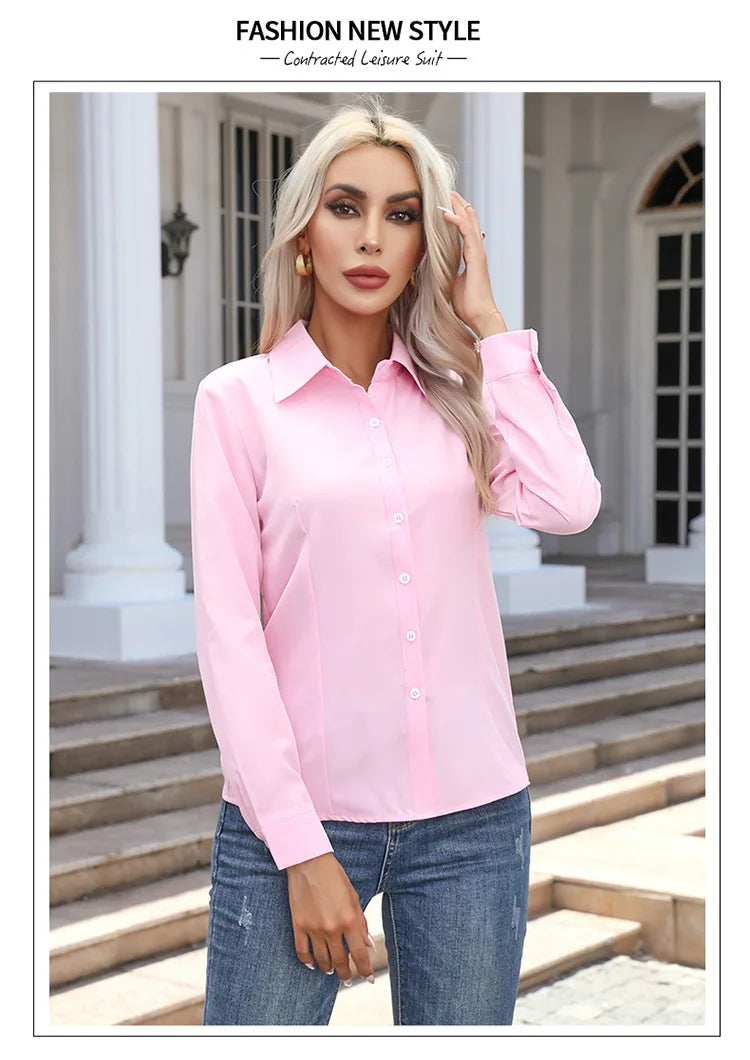 1pcs Woman Spring Autumn Solid color Shirts Lady Casual Long Sleeve Turn-down Collar Loose Shirt Female Fashion Temperament Tops.