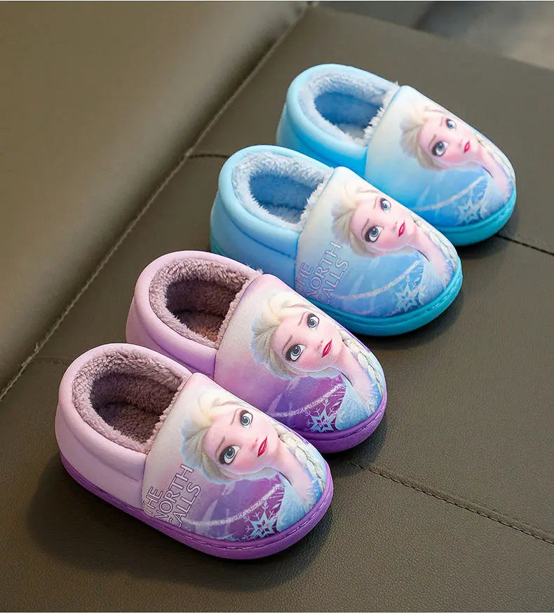 Disney Princess Elsa Winter Children's Heel Cotton Slippers Girls' Warm Frozen Kids' Cotton Black Purple Flats Shoes Size 24-40.