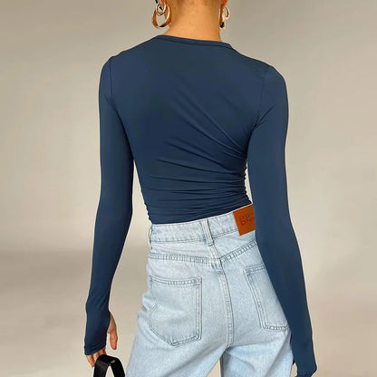 Modisches Damen-T-Shirt mit langen Ärmeln, Rundhalsausschnitt, solides Slim-Fit-Damen-Crop-Top mit Daumenlöchern für den täglichen Streetwear-Sommer-Camis