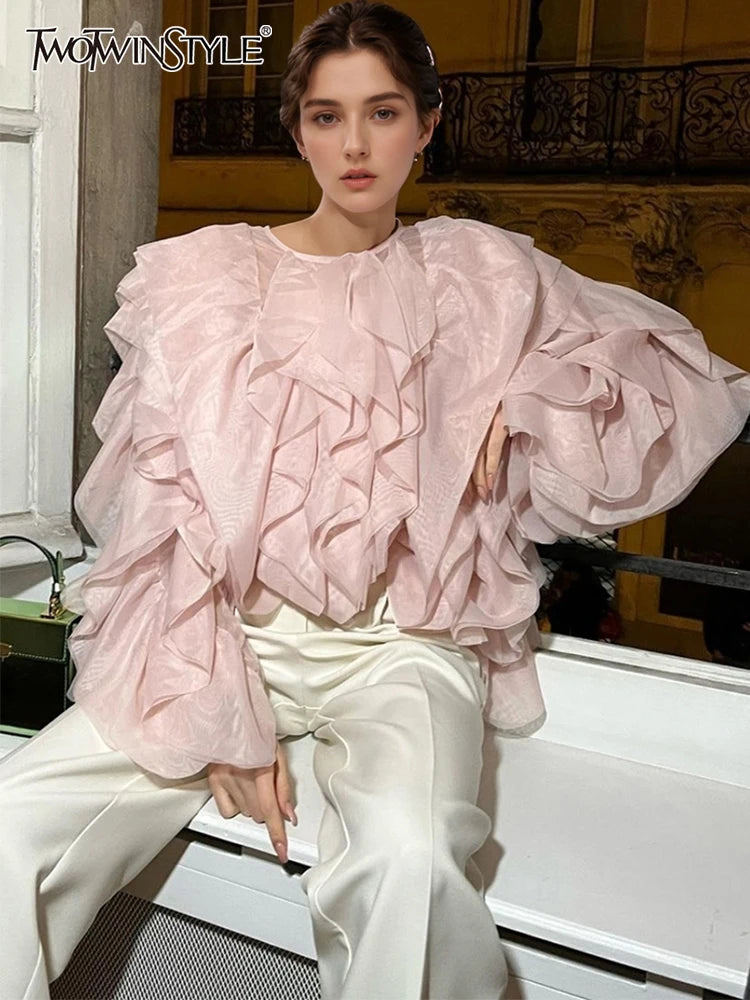 TWOTWINSTYLE Elegant Patchwork Ruffles Chiffon Blouses Women O Neck Lantern Long Sleeve Loose Shirt Female Clothing Fashion.