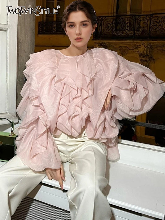 TWOTWINSTYLE Elegant Patchwork Ruffles Chiffon Blouses Women O Neck Lantern Long Sleeve Loose Shirt Female Clothing Fashion.