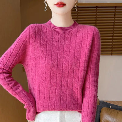 Frauen 100% Merino Wolle Verdickung Pullover Oansatz Gestrickte Twisted Pullover Herbst Winter Kaschmir Langarm Kleidung Basis Tops