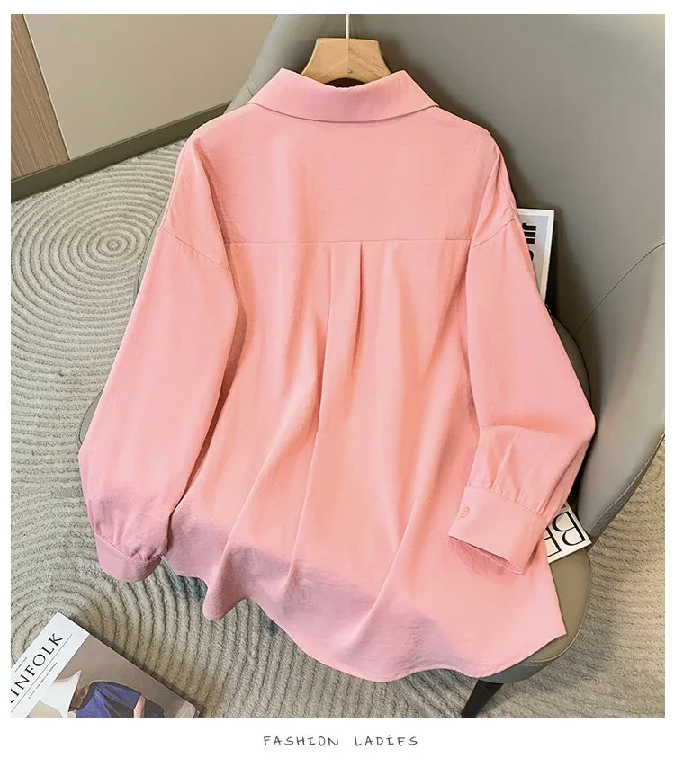 Plus Size Women's Blouses 2025 Spring Autumn Simple Lady Shirts Long Sleeve Big Pockets Shirt Loose Casual Tops