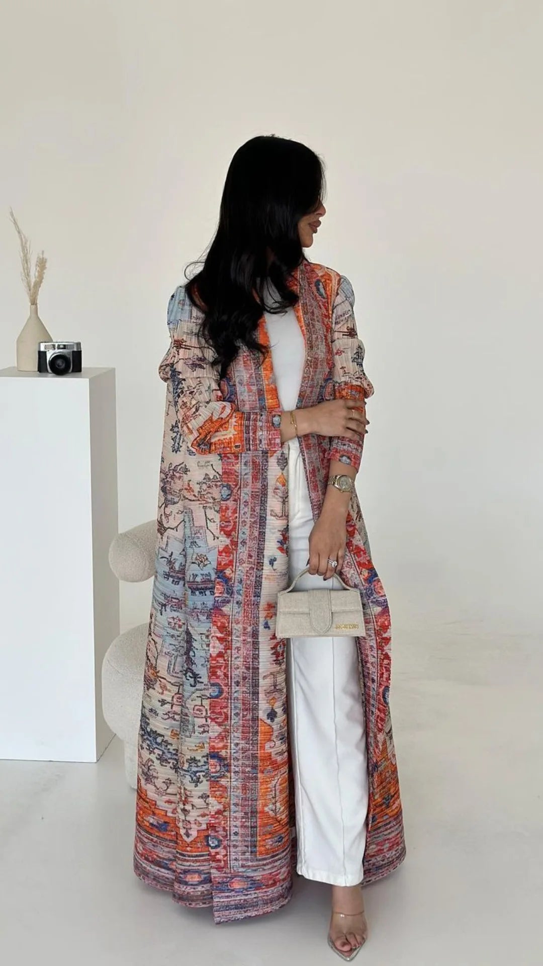 Abaya Miyake Pleated Printed Robe Jacket Arabian Dubai Style Women's Long Sleeve Conservative Demure Muslim Trench Coat 55inches