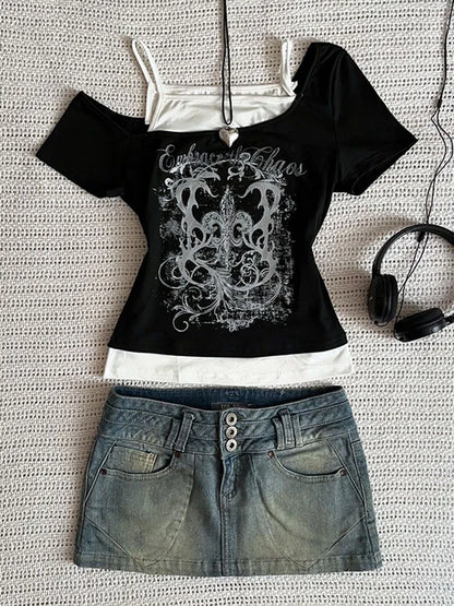 Women's 90s Vintage Punk T-Shirt Summer Streetwear Sexy Short Sleeve Gothic Slim Crop Top Hotgirl Casual Femme Tee Harajuku Y2k.