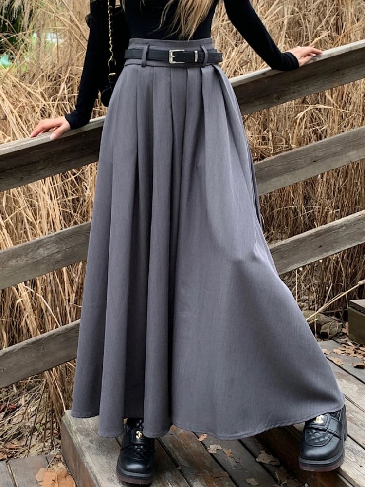 Qiukichonson Grey Midi Long Skirts Womens Maxi Skirt 2023 Autumn Winter Suit Skirt Goth Lolita High Waist Ruffle Pleated Skirts
