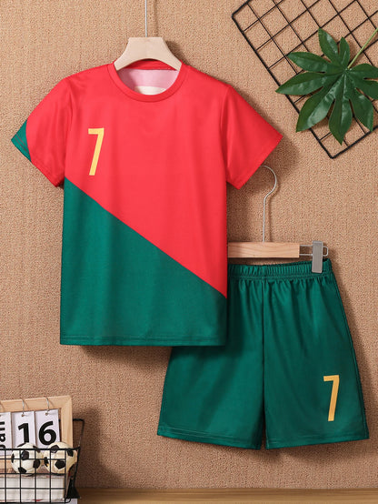 2025 Youth and Children Red and Green Splicing Color No. 7 Legend Quick-drying Sports Football Suit Set.