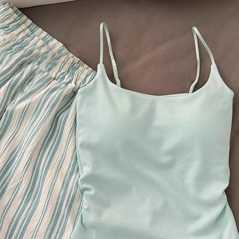 Einfarbiger Pyjama mit Brustpolstern, gestreifte Shorts für Damen, Sommer, dünne Leibchen-Shorts, Loungewear, großer Pyjama, zweiteiliges Set
