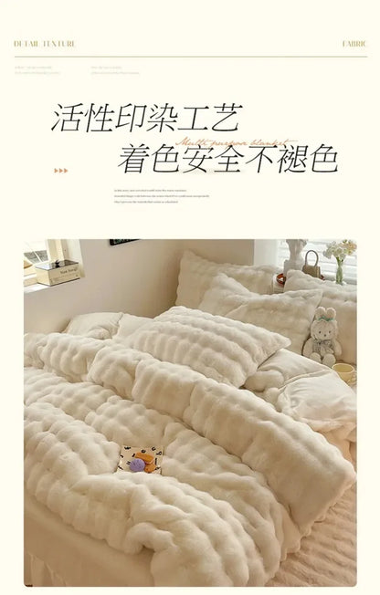 4pcs Grey Rabbit Fur Bedding Set Thick Milk Plush Winter Duvet Cover Warm Bed Sheets, Queen Size Four Piece Set  Bedroom Decor.