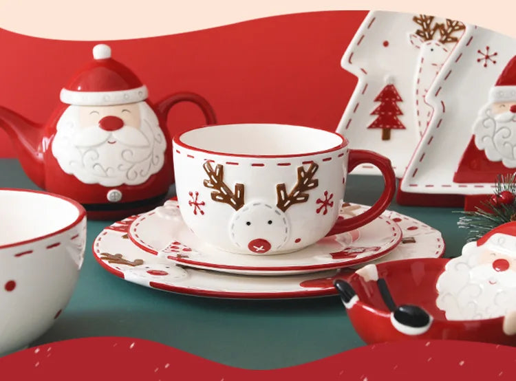 Nordic Stitching Santa Claus Dishes Plates Tableware Set Embossed Sealed Jar Seasoning Jar Western Ceramic Flat Plate Cup.