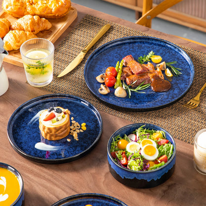 vancasso 12/24 Piece Dinner set Black Blue Reactive Glaze Vertical edge Dinnerware set with 4PCS Dinner Plate/ Dessert/Bowl.