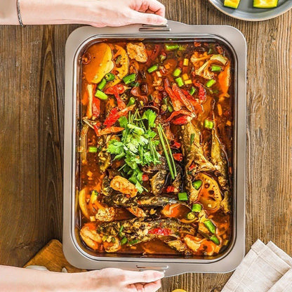 Large Capacity Stainless Steel Fish Deep Plate Both Gas and Induction Cooker BBQ Fried Beef Food Tray Seafood Dish Bbq Plate.