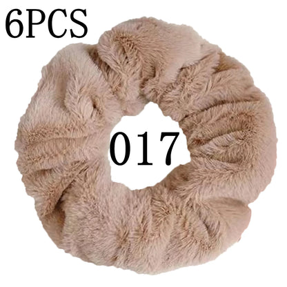 6pc Hair Scrunchies Furry Elastic Band Women Girl Ponytail Holder Rubber Ties Accessories Plush Faux Fur Soft Chiffon Headband