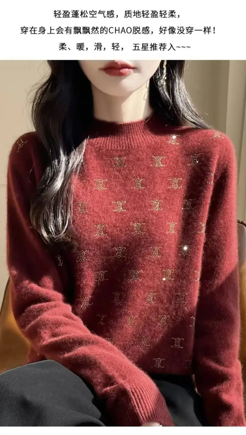 Temperament Fashion Autumn Winter New Sweaters Women Turtleneck Diamonds Long Sleeve Loose Pullovers Bottoming Shirt Knitted Top.