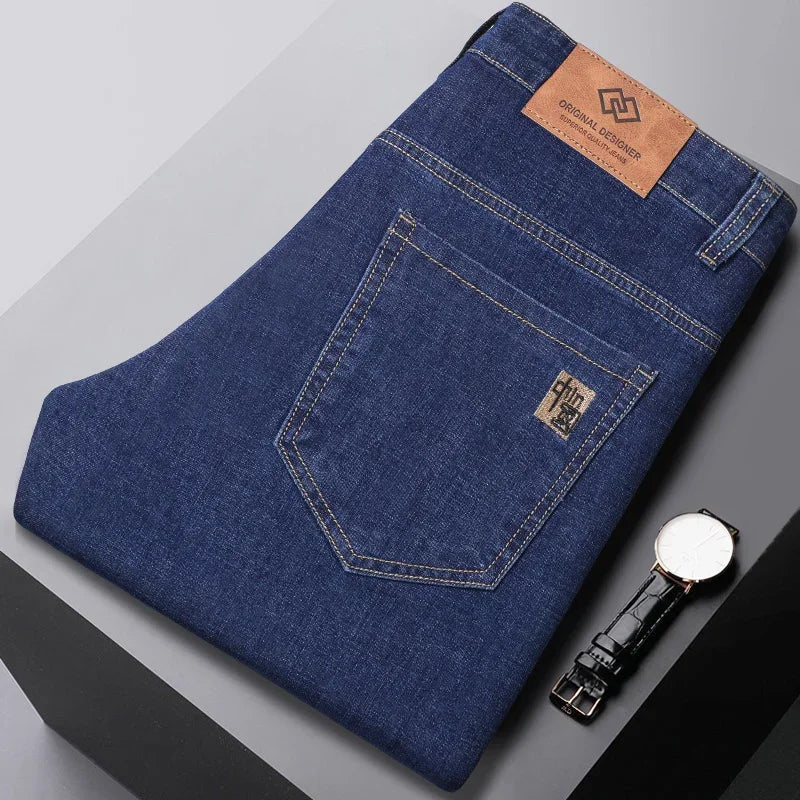 2024 New Brand Men's Fit Straight Lightweight Cotton Stretch Denim Pants Casual Male High Waist Thin Light Blue Business Jeans