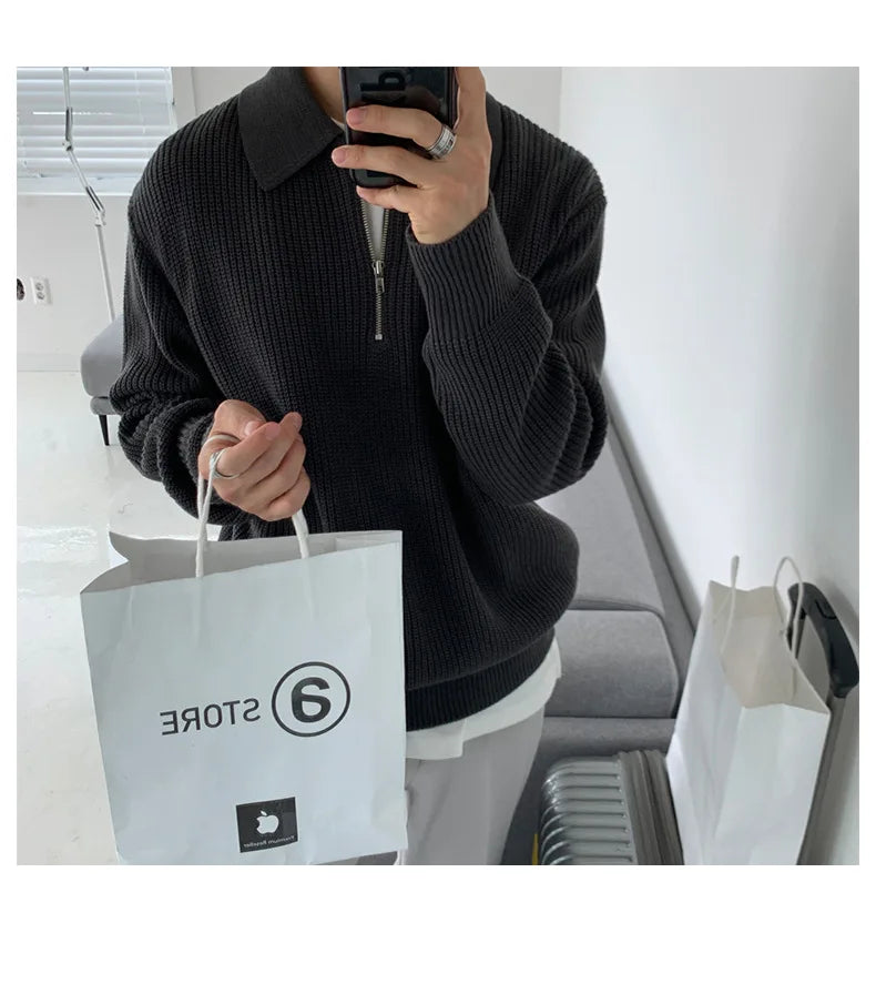 Half Zipper Sweater Men's Autumn and Winter Japanese Retro Korean Lapel Sweater Loose Casual Thread Trend