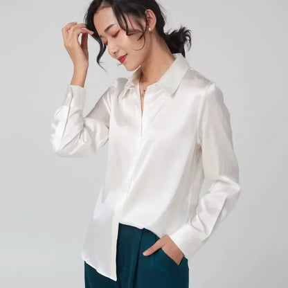 Woman Silk Shirt Long-sleeved Satin Women Blouse 19mm Mulberry Silk Blouse Loose Versatile Base Shirt 95% Natural Silk+5%Spandex