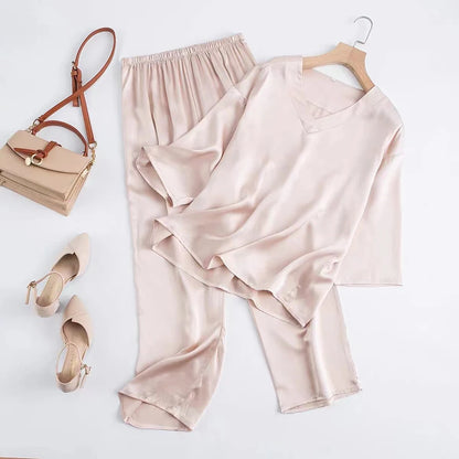 Women 100% Pure Mulberry Silk Charmeuse Silk V Neck Pajama Set Casual Loose Sleepwear Nightwear L XL SQ001.