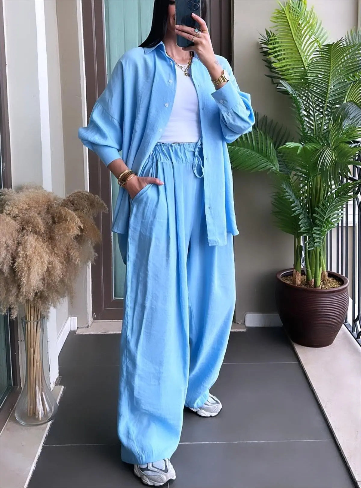 Casual Loose Shirt And Pants Two Piece Sets Women Fashion Solid Long Sleeve Shirts Outfits Autumn Winter Wide Leg Pants Sets.